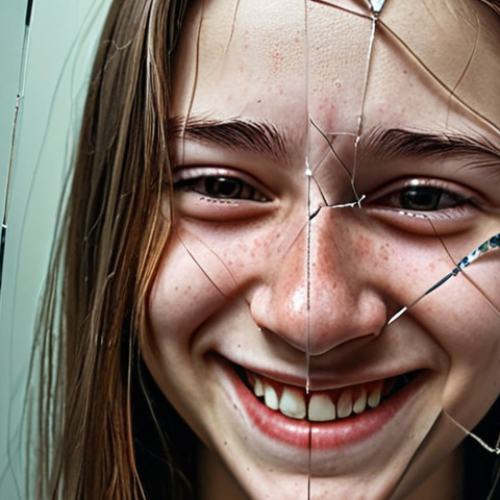 Home 18 **Prompt 1: Digital Facade and Inner Turmoil**
A close-up of a young person (teenager, gender-neutral) looking into a smartphone screen. Their face reflected on the screen is perfectly filtered and smiling, radiating confidence and happiness. However, the true face of the young person, visible around the phone, shows subtle signs of anxiety, fatigue, and sadness, with a strained, forced smile. The background is blurred, emphasizing the disconnect between the presented digital persona and the hidden emotional struggle. Subtle elements like shattered glass cracks on the phone or a faint, almost invisible mask over their real face could enhance the theme of lost authenticity and the pressure of digital perfection. Realistic, emotionally resonant lighting.