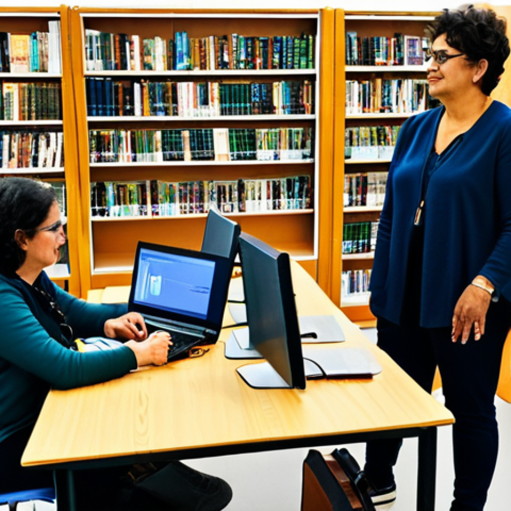 **Image:** A librarian in a modern, bright library in Lisbon, assisting a diverse group of adults at computers. They are all participating in a media literacy workshop. **Prompt:** "Librarian assisting adults in a library computer workshop, learning about media literacy, fully clothed, appropriate attire, safe for work, perfect anatomy, natural proportions, educational setting, family-friendly."