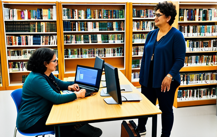 **Image:** A librarian in a modern, bright library in Lisbon, assisting a diverse group of adults at computers. They are all participating in a media literacy workshop. **Prompt:** "Librarian assisting adults in a library computer workshop, learning about media literacy, fully clothed, appropriate attire, safe for work, perfect anatomy, natural proportions, educational setting, family-friendly."