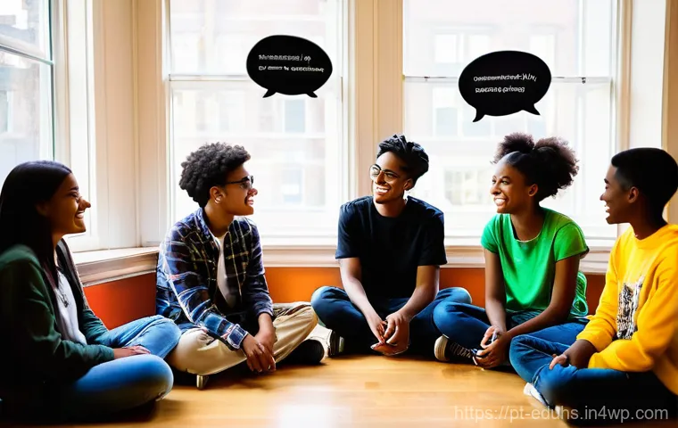 미디어 교육에서의 스토리텔링 방법 - **Prompt:** A vibrant and diverse group of teenagers and young adults (ages 15-25) gathered in a bri...
