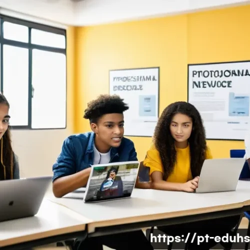 청소년 미디어 교육의 윤리적 측면 - A diverse group of Brazilian teenagers sitting in a modern classroom, attentively using laptops and ...
