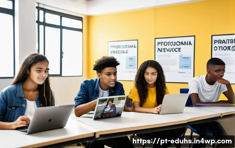 청소년 미디어 교육의 윤리적 측면 - A diverse group of Brazilian teenagers sitting in a modern classroom, attentively using laptops and ...