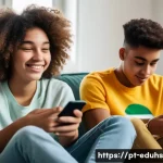 미디어 교육이 청소년에게 미치는 영향 - A diverse group of Brazilian teenagers sitting together in a cozy living room, each engaged with the...