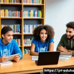 청소년의 정보 검색 능력 향상 방법 - A diverse group of young Brazilian students sitting around a wooden table in a bright, modern librar...