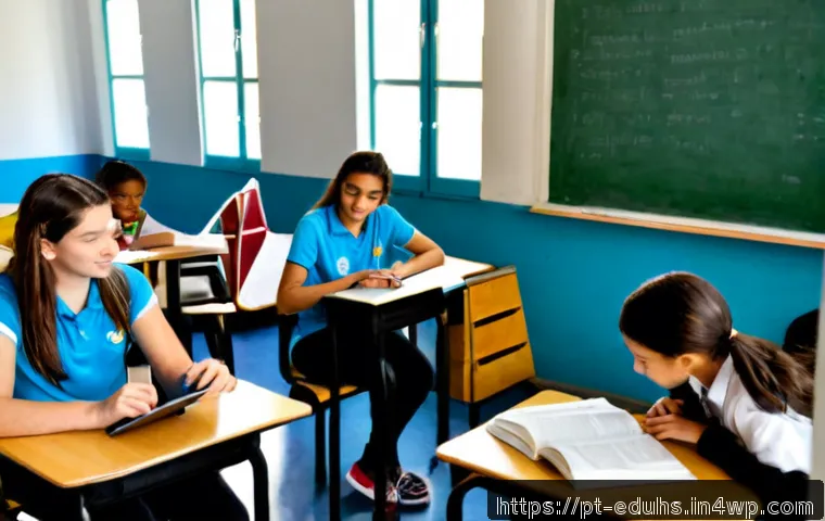 Home 17 학교에서의 미디어 교육 효과 분석 - Photorealistic Portuguese middle school classroom in Lisbon, diverse students aged 12–14 collaborati...