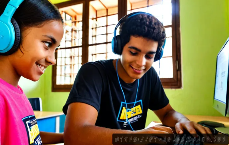 청소년을 위한 온라인 게임 활용 교육 - Photorealistic educational scene in a bright Brazilian community learning center, a diverse group of...